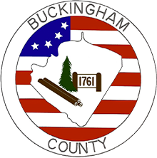 Official seal of Buckingham County, Virginia, showing a white county outline with a pine tree, logs, and the year 1761 on a red, white, and blue background.