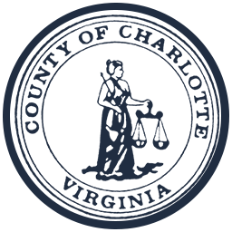 Seal of Charlotte County, Virginia, depicting Lady Justice holding scales and a sword in a circular design.