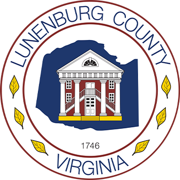 Seal of Lunenburg County, Virginia, featuring a classical courthouse building overlaid on a blue county outline, surrounded by yellow leaves and the founding year 1746.